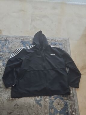adidas Black Hooded Windbreaker with White Shoulder Stripes